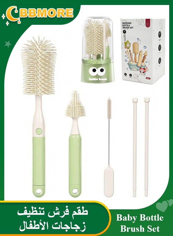 BBMORE Baby Bottle Brush, 5 in 1 Silicone Baby Bottle Cleaning Brush Set Inculde silicone bottle brush,  Nipple Brush, Straw Brush,Drying Rods, storage box - 5 in 1 Bottle Cleaning Tool for Home and Travel, Green - Image 1